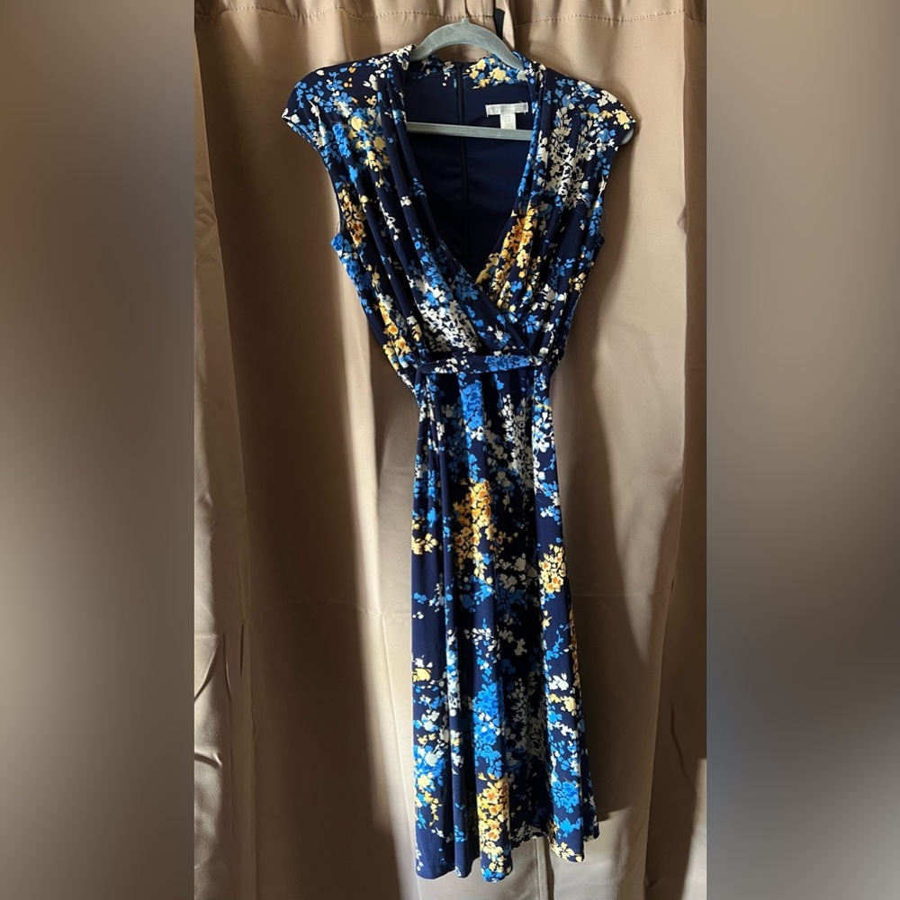 London Times Petite Floral Faux Wrap A-line Cap-sleeved Dress